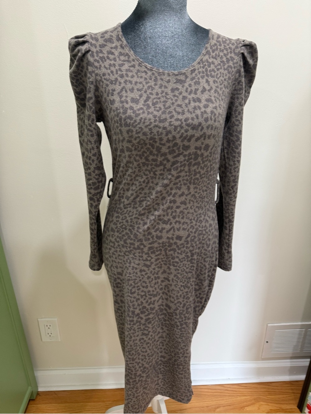 Absolutely Famous Taupe Leopard-Print Long Sleeve Midi Dress
